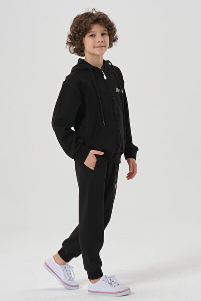 Black One Lycra Free Double Face Interlock Fabric Seasonal Print Detailed Pocket Corded Boys' Tracksuit