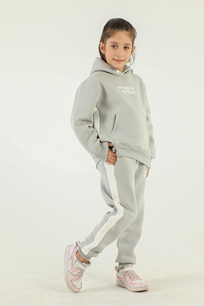 Black One Hooded Cargo Pocket Print Detailed Girl's Tracksuit Set