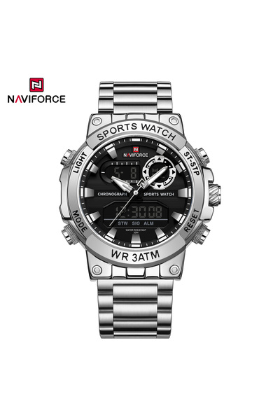 Naviforce ساعة SB BOX NAVIFORCE 9163 الرياضية الفاخرة الأصلية للرجال، كوارتز فولاذي، مقاومة للماء، شاشة مزدوجة