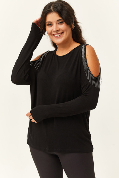 Ebsumu Γυναικεία μπλούζα μεγάλου μεγέθους με λεπτομέρεια με φούντα και λαιμόκοψη στον ώμο