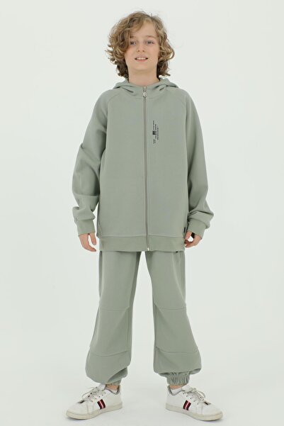 Black One Hooded Printed Cotton Pique Boy's 2-Piece Top and Bottom Tracksuit Set