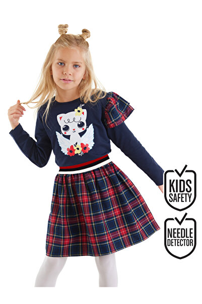 Denokids Kanatlı Kedi Kız Çocuk Lacivert Ekose Elbise