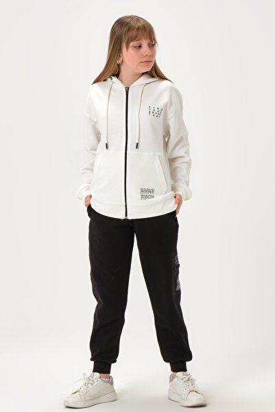 Black One Сталева інтерлок тканина Кишеня з принтом Деталізована блискавка Капюшон Нижня частина Верхня частина Дівчачий спортивний костюм