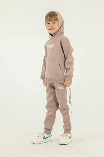 Black One Hooded Cargo Pocket Print Detailed Boy's Tracksuit Set