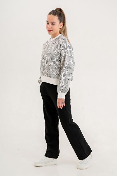 Black One Girl's Crew Neck Print Detailed Patterned Top Wide Leg Bottom Double Set