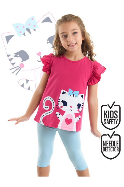 Denokids Fırfırlı Kedicik Kız Çocuk T-shirt Tayt Takım