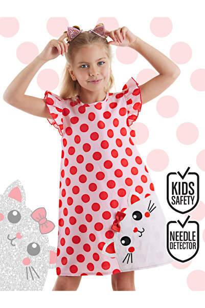 Denokids Tombiş Kedi Kız Çocuk Poplin Pembe Fırfırlı Yazlık Elbise