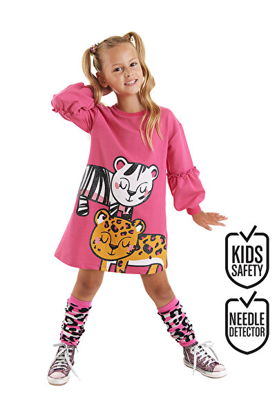 MSHB&G Leopar Zebra Kız Çocuk Pembe Balon Kollu Elbise