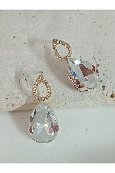 mos&more White Stone Drop Gold Women's Earrings