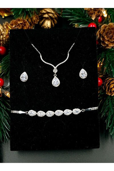 vüs jewel Su Damlası Gümüş Kolye, Küpe ve Bileklik Seti (Işıklı Kutu ile Gönderim)