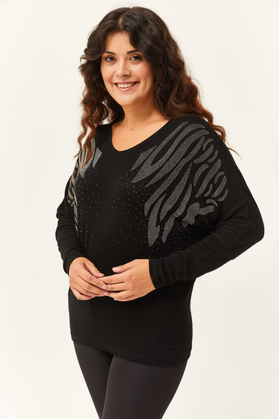 Ebsumu Γυναικεία μπλούζα με μαύρο σχέδιο με πέτρα με μανίκια με μπαλέτο