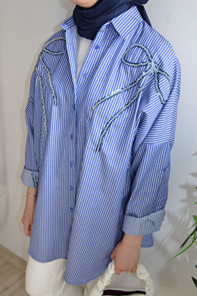 ASELA. قميص تونيك كبير الحجم مطرز بشريط أمامي