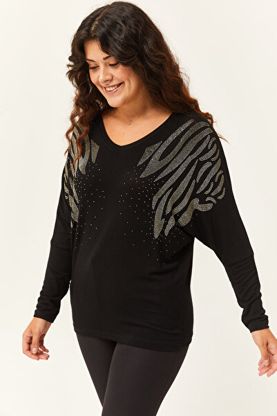 Ebsumu Γυναικεία μπλούζα με μαύρο σχέδιο με πέτρα με μανίκια με μπαλέτο