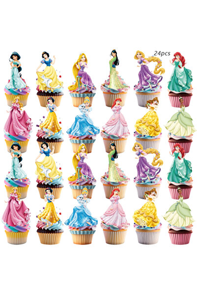 Miniso 24pcs Disney Princess Cake Topper、Cupcake Toppers For Girls,Pink Princess Birthday Decoration Theme