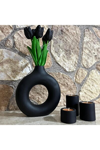ERGİNCİ HOME Stil Boem BLACK ISKANDINAVIC 1 vază mare 3 suporturi pentru lumâ...