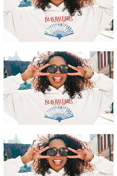 Le'sluette shadow of style Women's Islas Baleares (Fan) Printed Relaxed Karyoka Stitched Hooded Sweatshirt Ecru