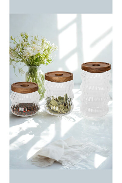 Porland Charla 3'lü Akasya Kapaklı Dalgalı Cam Kavanoz Seti 340 ml / 530 ml / 680 ml