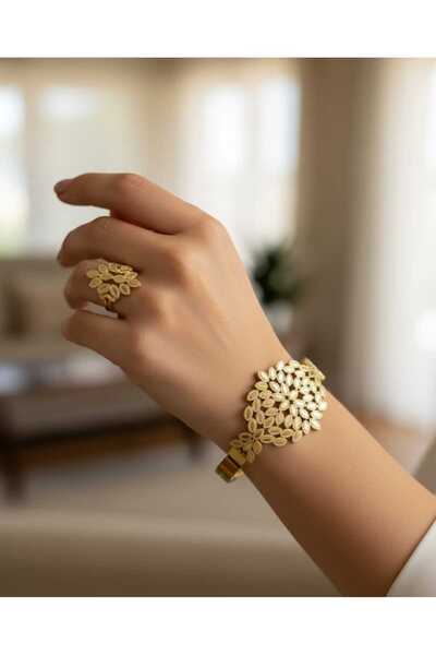 SONES Kuyumcu Model Gold Kelepçe Yüzük Çelik Takı Seti Kararmaz Yüzük ayarlanabilir Ölçüdedir