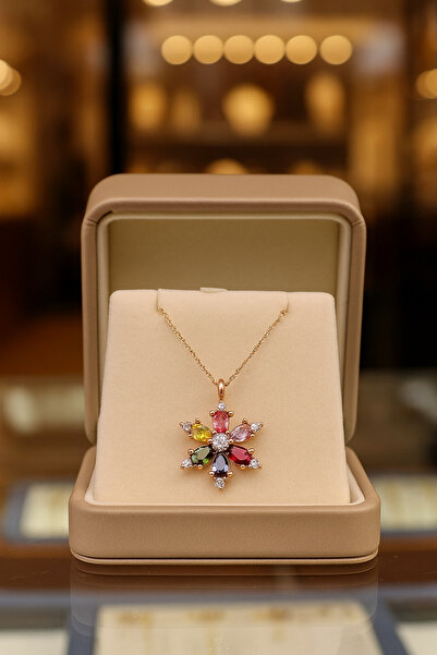 KAR DİAMOND 14 Ayar Altın Zincirli Miks Taşlı Lotus çiçeği Kolye - Sertifikal...