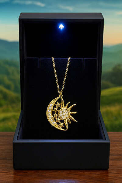 KAR DİAMOND 14 Ayar Altın Zincirli Zirkon Taşlı Ay ve Güneş Kolye - Sertifika...
