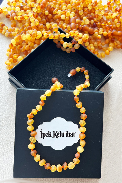 İpek Kehribar Baltic Amber Necklace - Matte Cognac Caramel Lemon - Certified Baby Child Tooth Necklace (Silk-527)