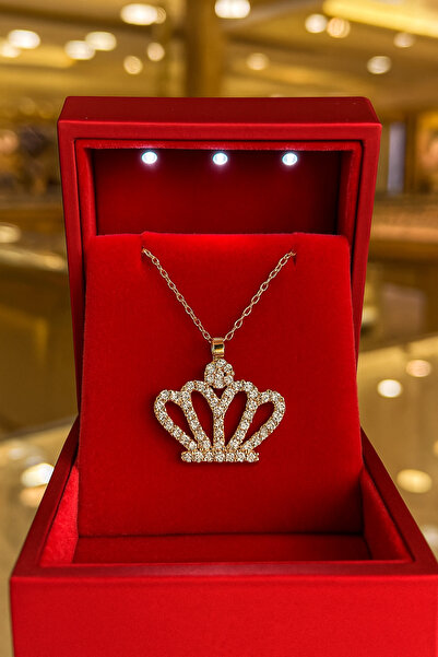 KAR DİAMOND 14 Ayar Altın Zincirli Zirkon Taşlı Kraliçe Taçı Kolye - Sertifik...