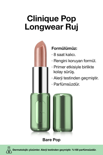 Clinique Pop Longwear™ Gün Boyu Kalıcı Ruj - Renk: Bare Pop 3.9g | Parlak Bitiş