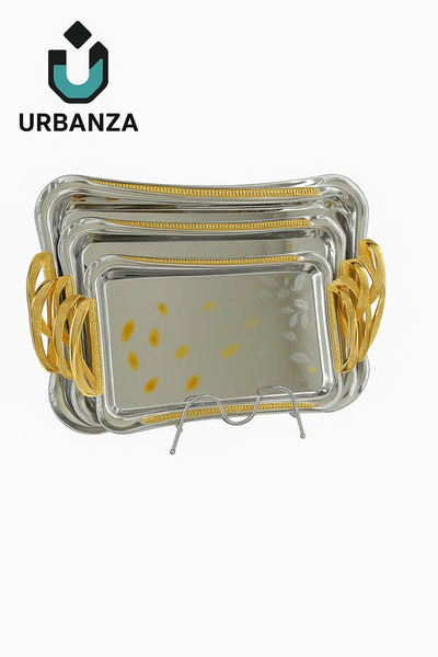 Urbanza Golden Handle Silver Serving Tray Set – 3-Piece Luxury Design G11-3898