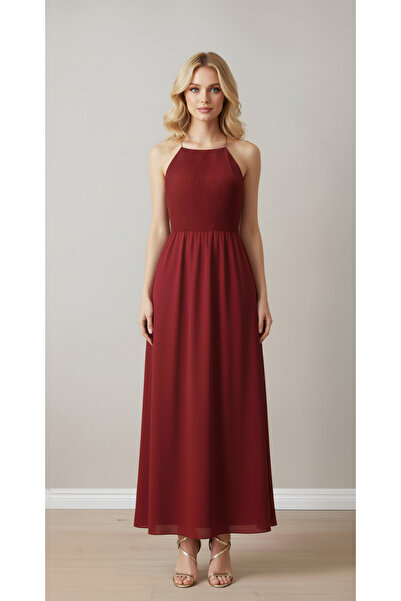 Lumora BORDO GOLD İP ASKILI HALTER YAKA ŞİFON ABİYE ELBİSE