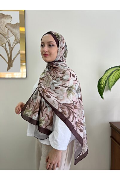 YILDIZ SCARFS شال قطني ناعم بنمط الزنبق باللون البني