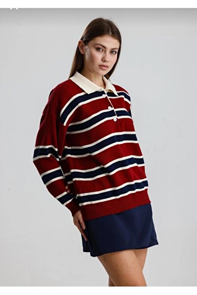 trivvy Kadın Polo Yaka Şeritli Triko Kazak