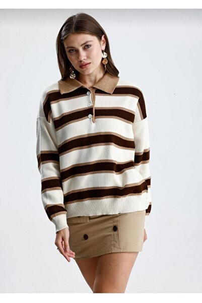 trivvy Pulover de damă cu gât polo cu dungi