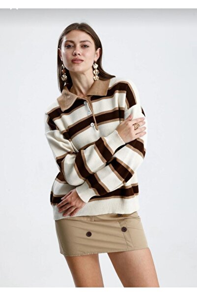 trivvy Pulover de damă cu gât polo cu dungi