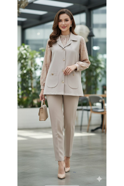 MODA Gold düğmeli tesettürede uyumlu cep detaylı yelek nohut rengi