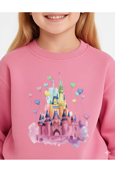 LİTTLE TORTOİSE Heart Castle Printed Girls' Tracksuit Set / Sweatshirt Set
