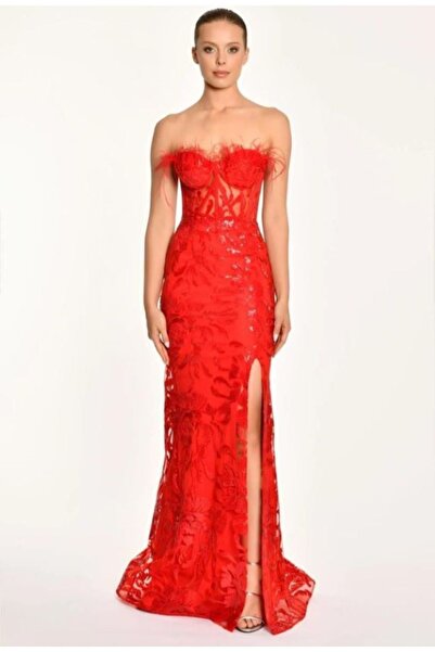 ALFABETA KADIN ABİYE STRAPLEZ GÖĞÜS OTRİŞLİ YIRTMAÇLI PAYETLİ ŞIK UZUN ELBİSE