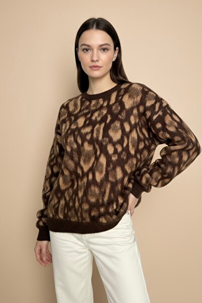 Store Leopar Desenli Yuvarlak Yaka Triko Tunik