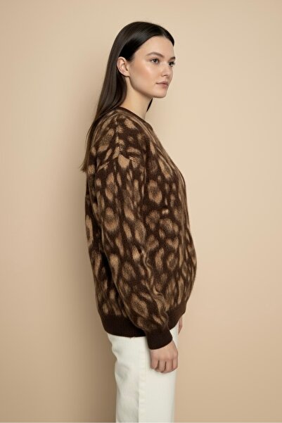 Store Leopar Desenli Yuvarlak Yaka Triko Tunik