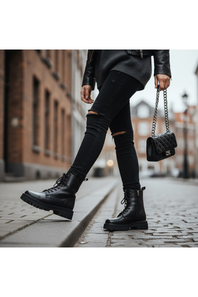 LUPİN SHOES Γυναικείες μπότες Kenna με μαύρο δέρμα με κορδόνια