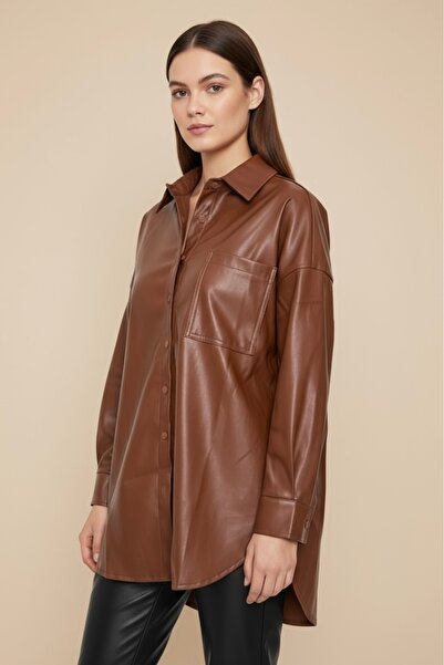 Store Tek Cepli Oval Kesim Deri Gömlek