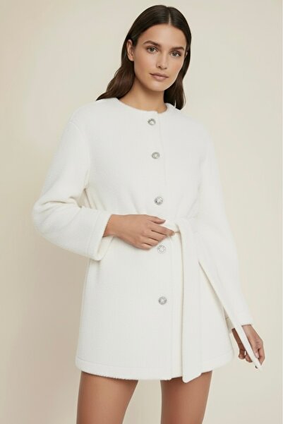 Store Düğmeli Beli Bağlamalı Kürklü Ceket