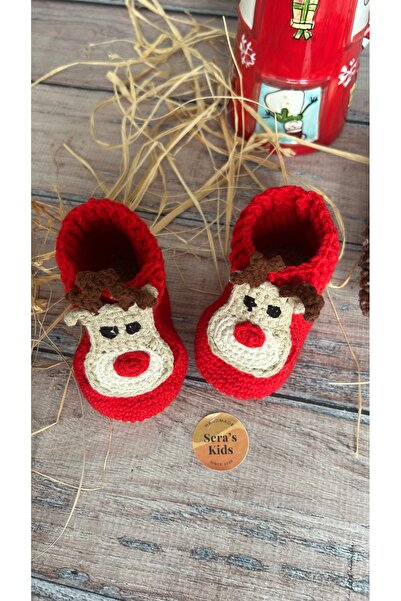 seraskids El Örgüsü Kırmızı Geyik Desenli Unisex Bebek Bot Patik | Koton İp Yılbaşı Konseptli
