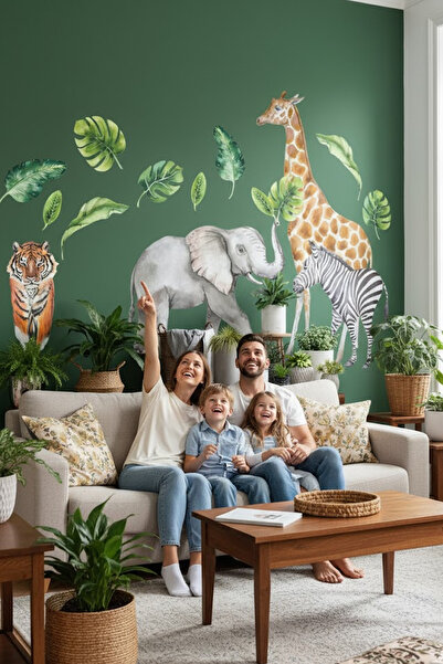 Kt Grup Safari Dünyası Tropikal Safari Kaplan Fil Zürafa Zebra Duvar Sticker ...