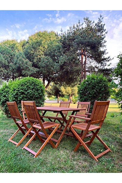 LkAhşap Akasya Katlanır Ahşap Bahçe Balkon Masası 6 Sandalye (2kollu 4kolsuz)...