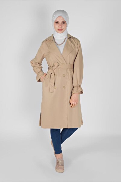 TRENDTESETTÜR KADIN KAHVE (CAMEL) MANŞETLERİ LASTİKLİ BELİ KUŞAKLI TRENCH 531
