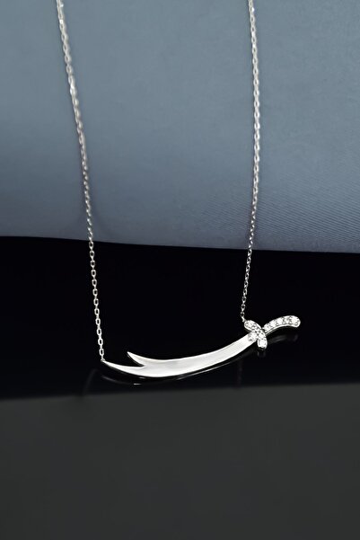 Papatya Silver 925 Ayar Gümüş Rodyum Kaplama Yatay Taşlı Zülfikar Kılıç Kolye