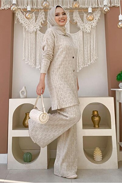 TRENDTESETTÜR WOMEN'S BEIGE (STONE) TROUSERS Knitwear Suit T 11332