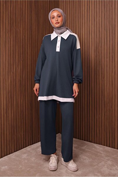 TRENDTESETTÜR Women's Gray (Anthracite) Shirt with Collar and Pants Suit t 4135