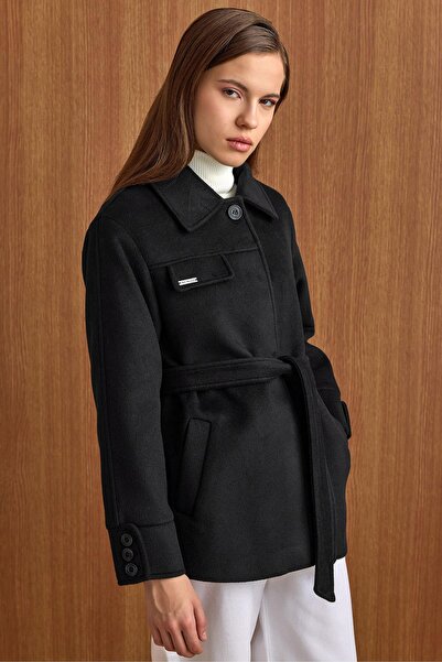 Olcay Shirt Collar Belt Detail Oversized Short Coat Black 3155