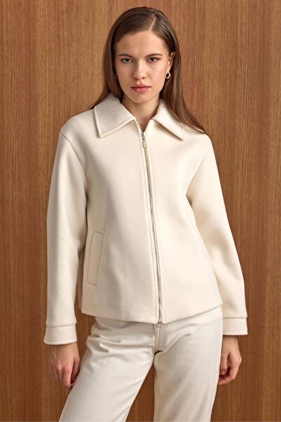 Olcay Zipper Closure Oversized Short Coat Ecru 3157